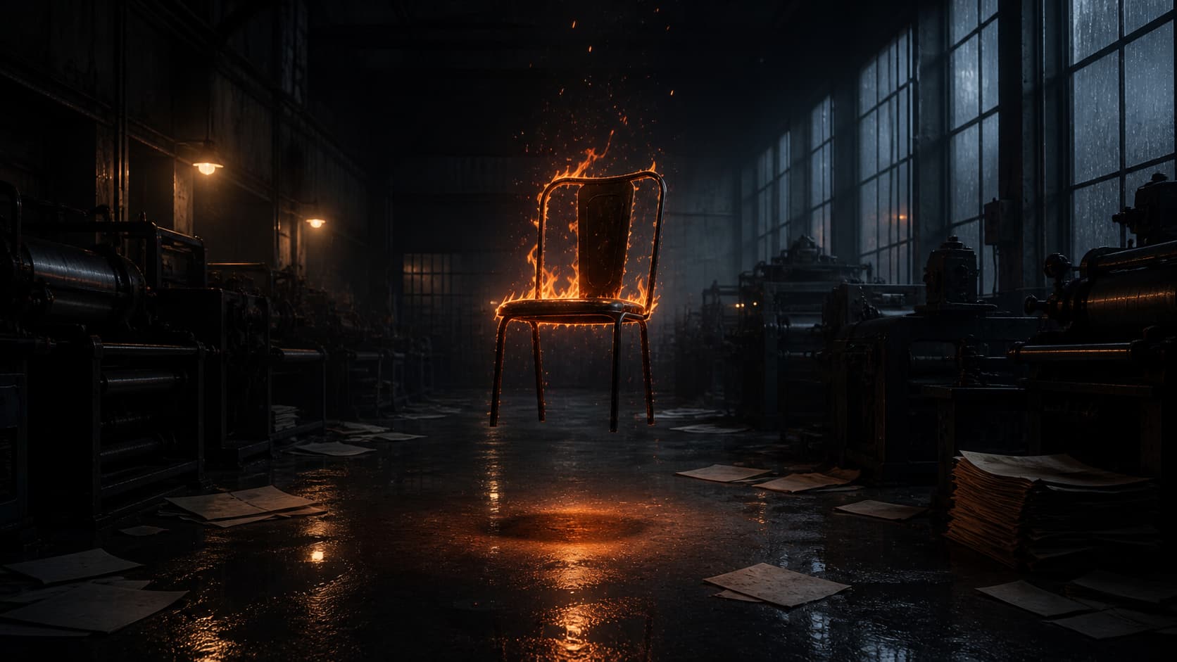 Midnight print factory burning chair