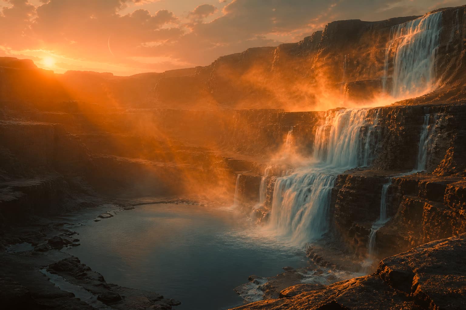 Waterfall bowl with orange sun